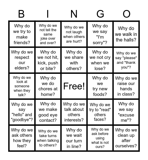 "WH" Why? Social Skills Bingo Card