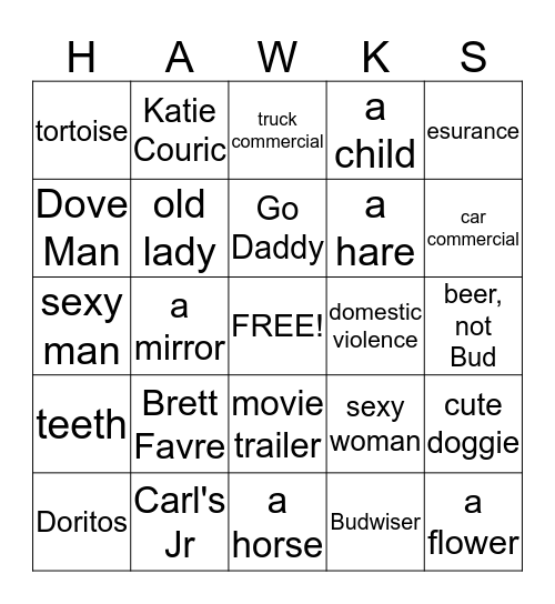 SUPER BOWL COMMERCIALS Bingo Card