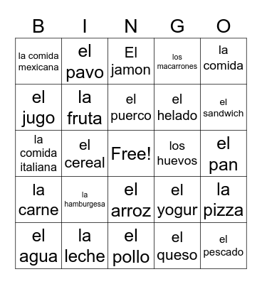 Comidas y Bebidas Bingo Card