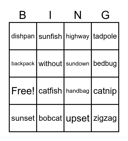 Compound Word Bingo Card