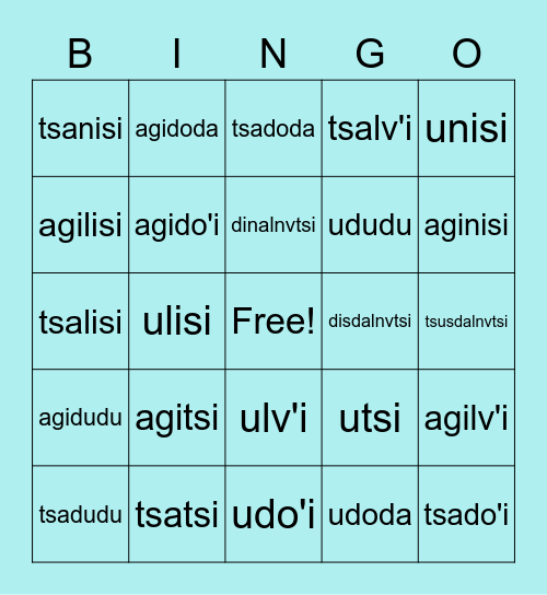 Cherokee Family Terms Bingo Card