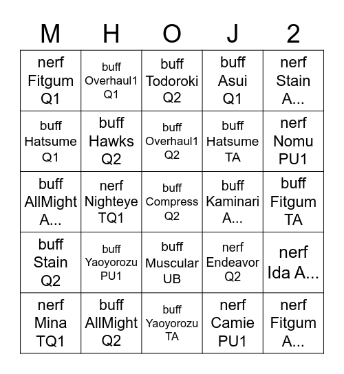 MHOJ2 Update Bingo Card