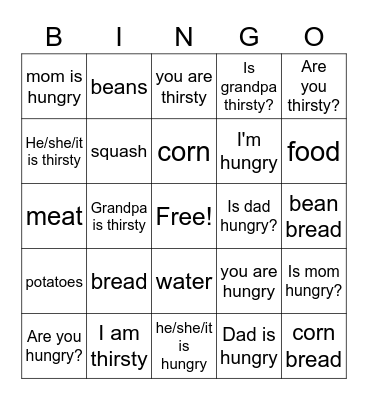 Cherokee Food Terms Bingo Card