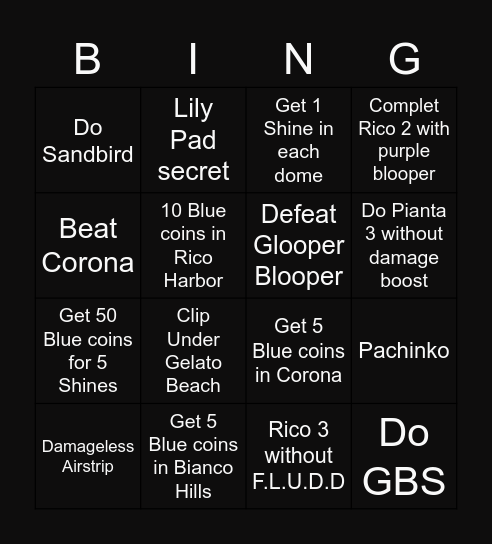Super Mario Sunshine Speedrunning Bingo Card