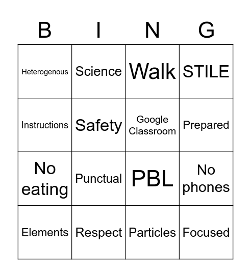 Science expectations/ Vocabulary Bingo Card