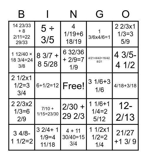 Fraction BINGO review Bingo Card