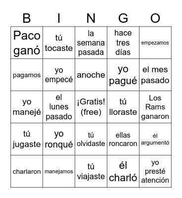 Preterito de AR Bingo Card