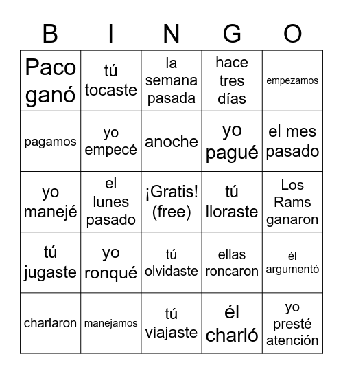 Preterito de AR Bingo Card