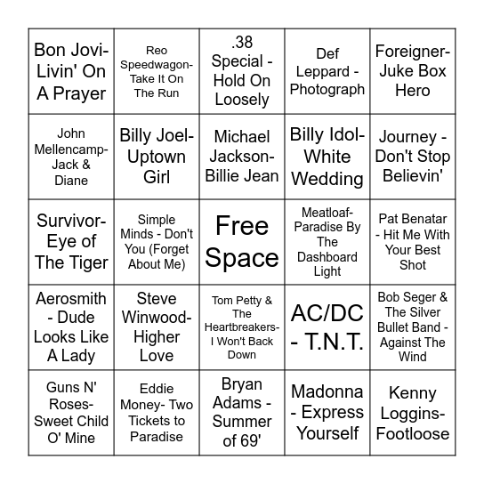 1980s Bingo Card