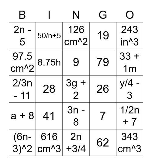 Writing and Evaluating Expression Bingo Card