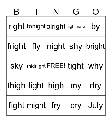long "i"  - igh  and   y Bingo Card