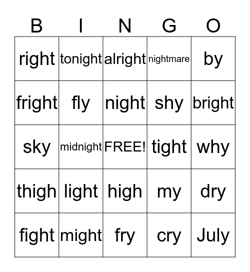 long "i"  - igh  and   y Bingo Card