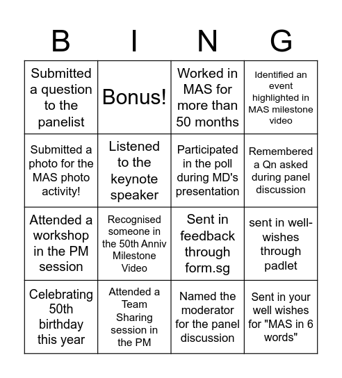 MAS 50th Anniversary: Serving our Nation, Securing our Future Bingo Card