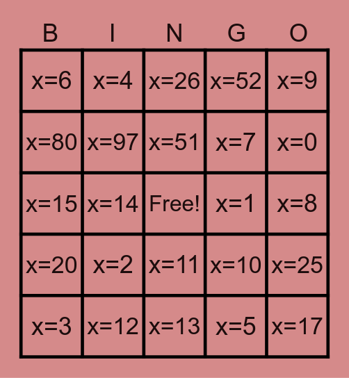 Solving for X Bingo Card