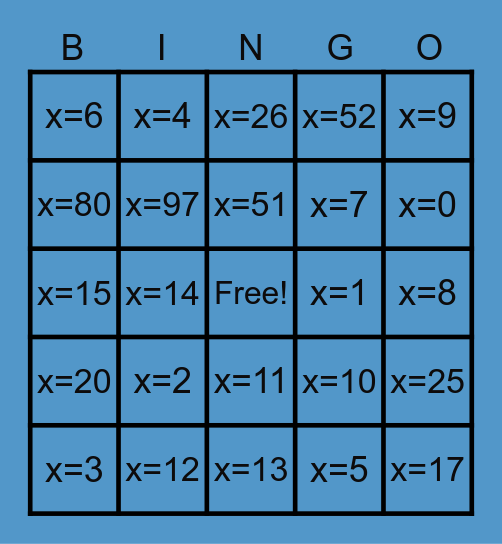 Solving for X Bingo Card