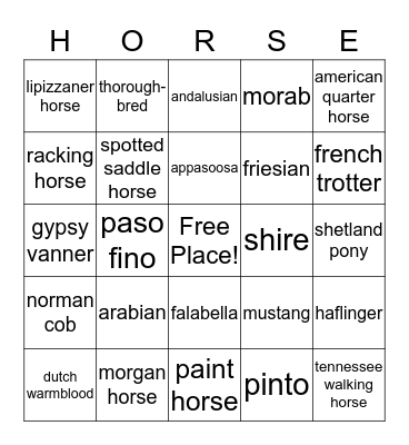 learn your horse breeds! Bingo Card