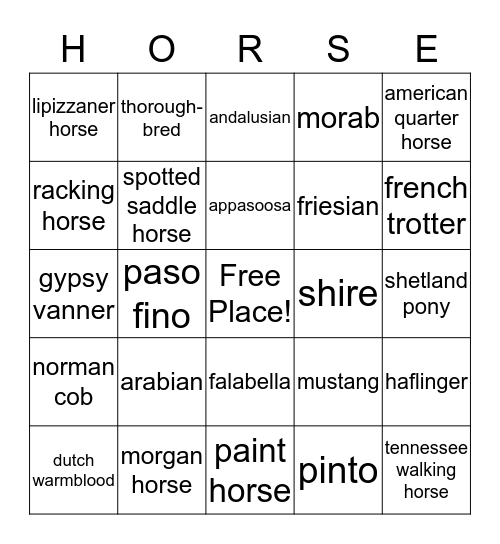learn your horse breeds! Bingo Card