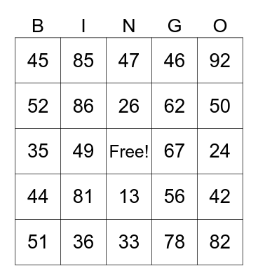 Numeros 11-100 Bingo Card