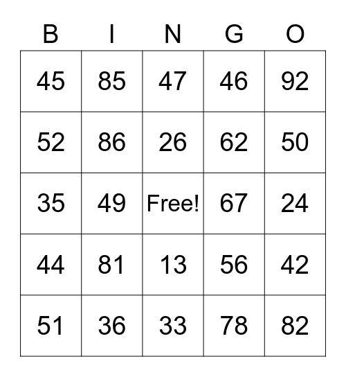 Numeros 11-100 Bingo Card