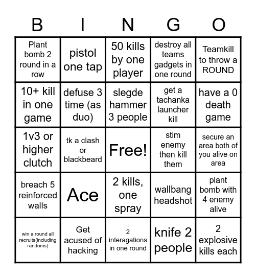 Siege Bingo (3 hour duo showdown) Bingo Card