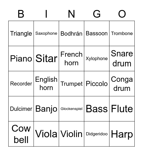 Musical Instrument B-I-N-G-O Bingo Card