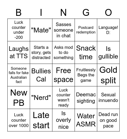 EJ Stream Bingo Card