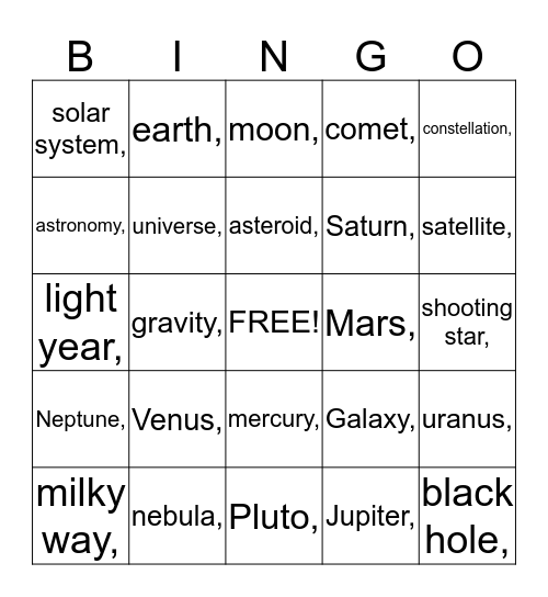 space bingo Card