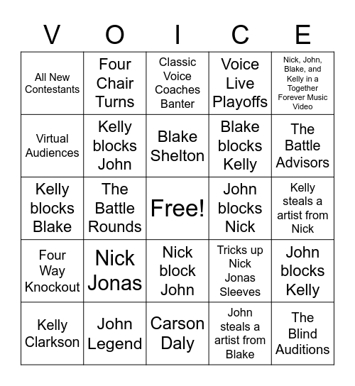 The Voice Season 20 Bingo Card