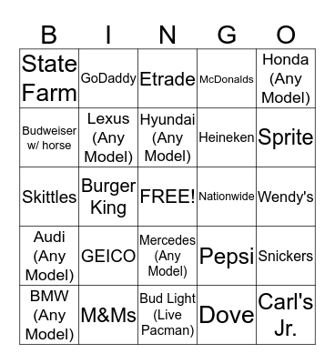 Super Bowl XLIX Commercials Patriots vs Seahawks Bingo Card