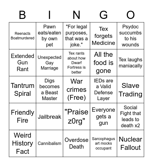 BPL Rimworld Bingo Card