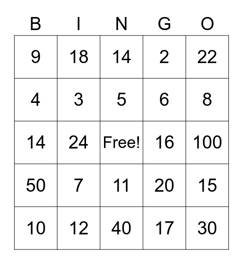 Fact Family Bingo Card