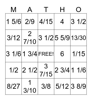 Fraction Fun Bingo Card