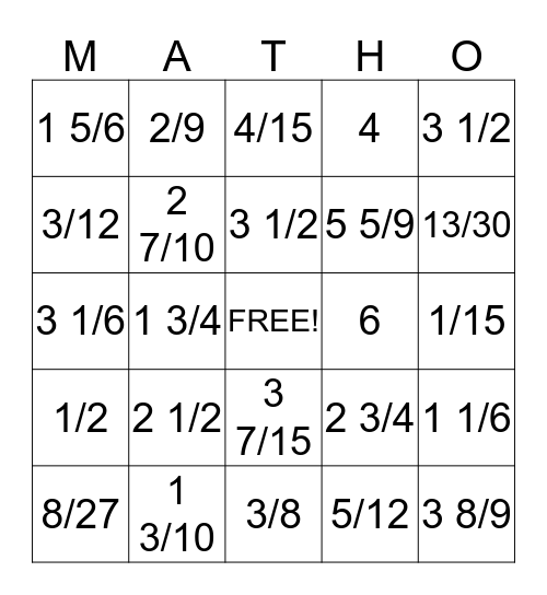 Fraction Fun Bingo Card