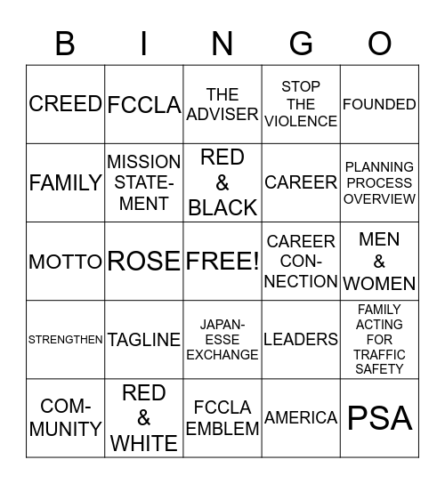 FCCLA Bingo Card