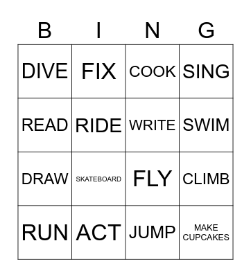 Action verbs bingo Card