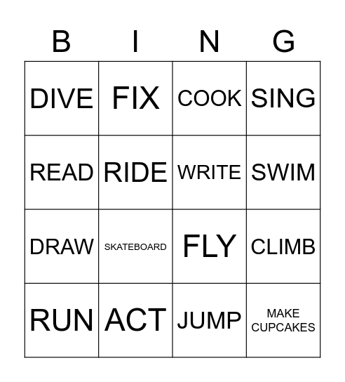 Action verbs bingo Card