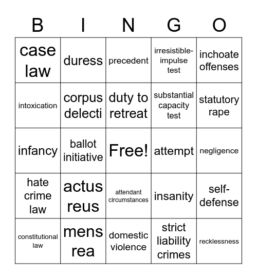 Criminal Law Bingo Card
