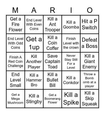 Super Mario 3D World Bingo Card