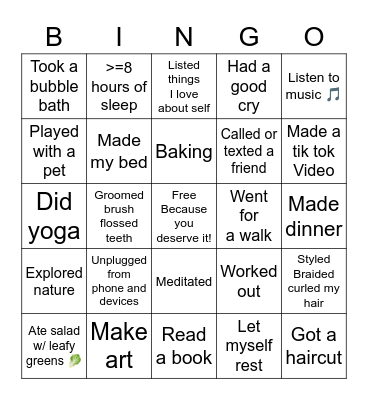 💗Kindness to Self 💗 Bingo Card