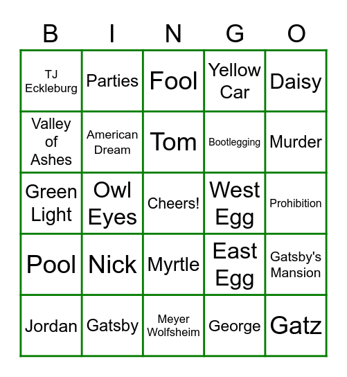 Gatsby Bingo Card