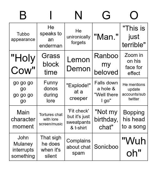 Ranboo Stream Bingo Card