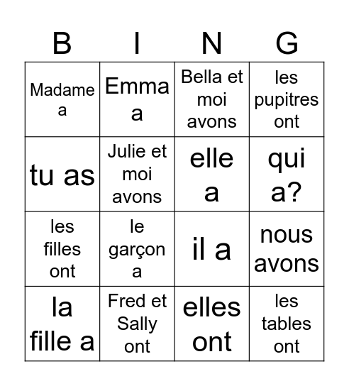 Avoir Bingo Card