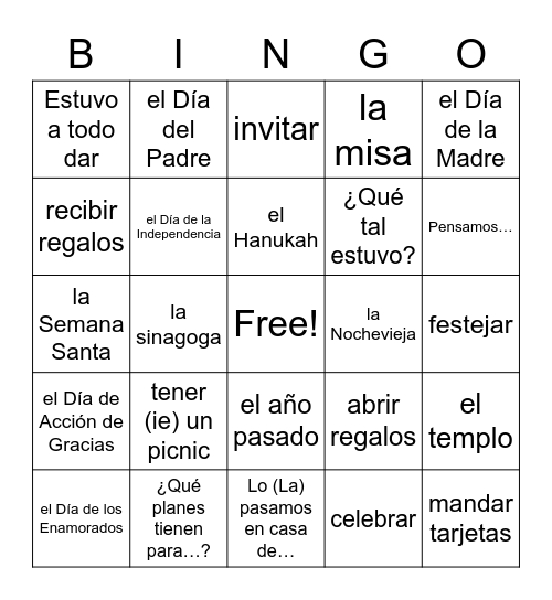 9.2 Vocabulario Bingo Card