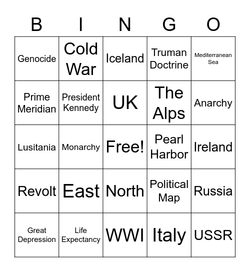 Europe Bingo Card