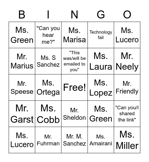 Google Meet Bingo Card