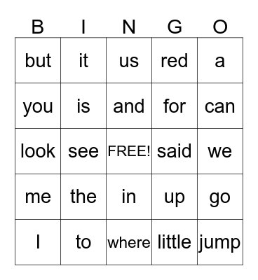 Sight Words  Bingo Card