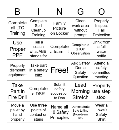 FC#1 Q1 Safety BINGO! Bingo Card