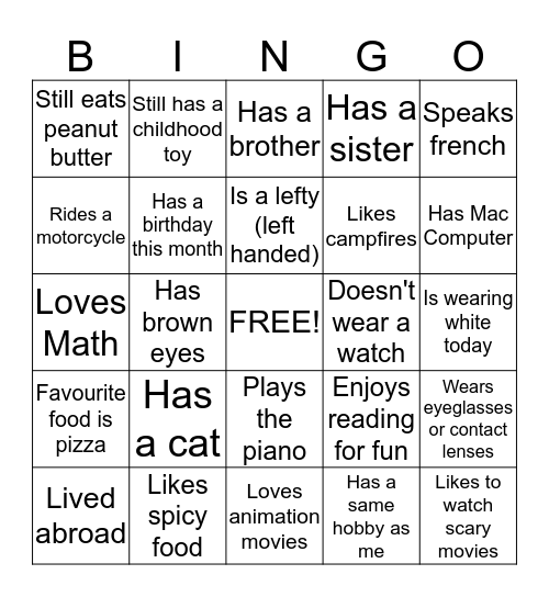 ICE BREAKER GAME Bingo Card