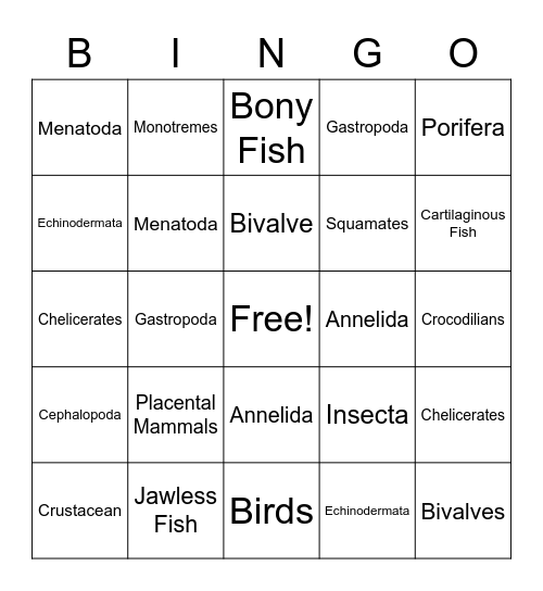 Animal Phylum Bingo Card