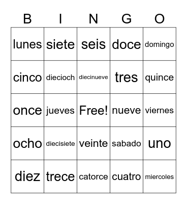 Numbers 1-20 Bingo Card